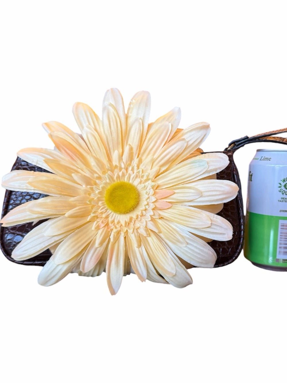 Floral Daisy Accent Wristlet - yellow & Brown, faux leather crocodile clutch